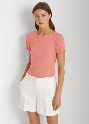 Koszulki Ralph Lauren Button-Trim Striped Cotton Top Damskie Czerwone Białe | RNIM0438