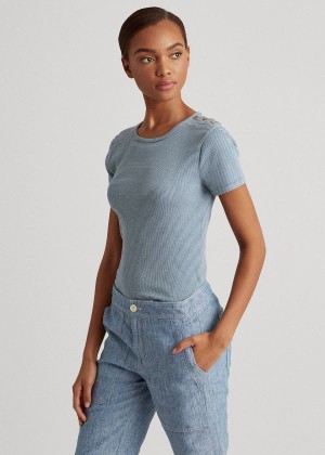 Koszulki Ralph Lauren Button-Trim Striped Cotton Top Damskie Indygo Kremowe | SXVB4885