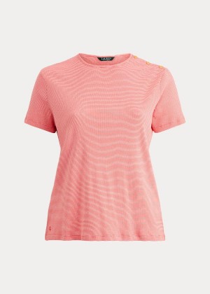 Koszulki Ralph Lauren Button-Trim Striped Cotton Top Damskie Czerwone Białe | ODEE5767