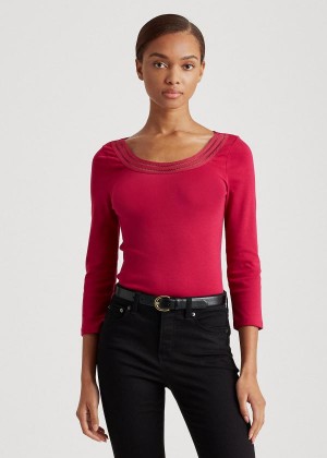 Koszulki Ralph Lauren Cotton Elbow-Sleeve Top Damskie Głęboka Fuksja | KCNT6504