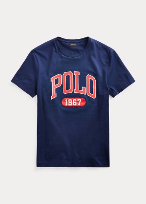 Koszulki Ralph Lauren Custom Slim Fit Logo T-Shirt Męskie Granatowe | PBJX3238