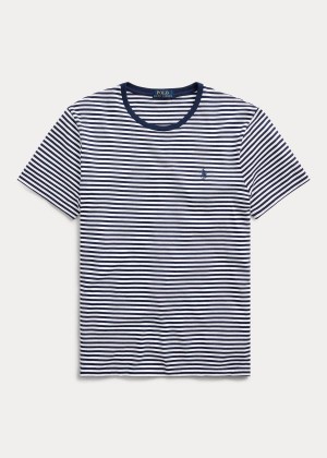 Koszulki Ralph Lauren Custom Slim Striped T-Shirt Męskie Białe Granatowe | NIVK2142