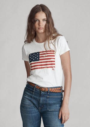 Koszulki Ralph Lauren Flag Jersey Graphic T-Shirt Damskie Kremowe | ZVMO4335