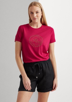 Koszulki Ralph Lauren Logo Cotton Tee Damskie Głęboka Fuksja | EPMO4984