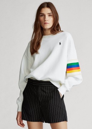 Koszulki Ralph Lauren Rainbow-Trim Fleece Sweatshirt Damskie Białe | JDQL4165