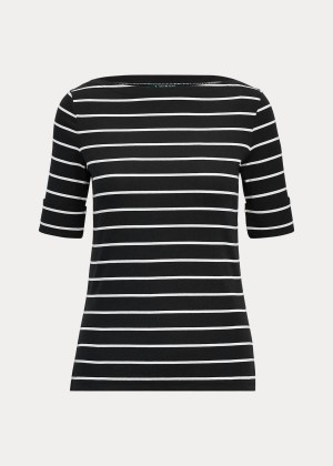 Koszulki Ralph Lauren Striped Boatneck Top Damskie Czarne Białe | HQFQ7960