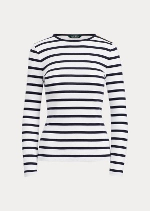 Koszulki Ralph Lauren Striped Button-Shoulder Top Damskie Białe Granatowe | BDEQ4312