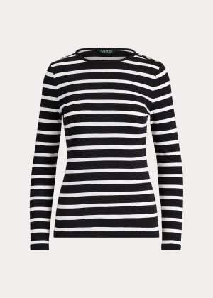 Koszulki Ralph Lauren Striped Button-Shoulder Top Damskie Czarne Białe | XROR7227