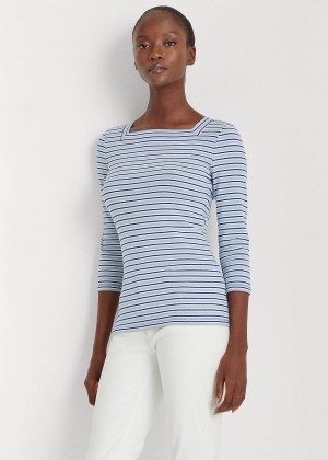 Koszulki Ralph Lauren Striped Cotton-Blend Top Damskie Niebieskie Białe Królewski Niebieski Niebieskie | JSWY6975