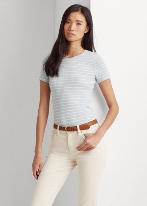 Koszulki Ralph Lauren Striped Cotton-Blend Tee Damskie Indygo Kremowe | IWAR9018