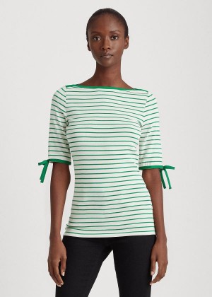 Koszulki Ralph Lauren Striped Cotton-Blend Top Damskie Kremowe Zielone | RXHQ9941