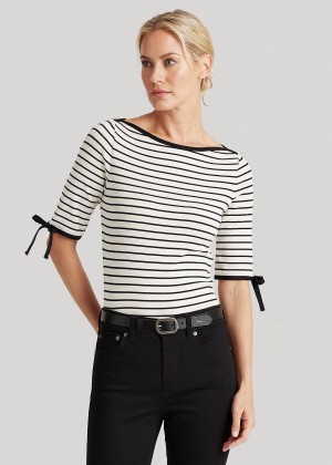 Koszulki Ralph Lauren Striped Cotton-Blend Top Damskie Kremowe Czarne | EMDT4568