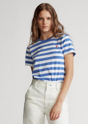 Koszulki Ralph Lauren Striped Cotton Jersey Tee Damskie Białe Indygo | JLFA8276