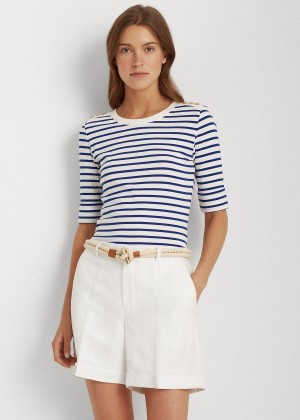 Koszulki Ralph Lauren Striped Elbow-Sleeve Top Damskie Białe Niebieskie | VEPJ9918