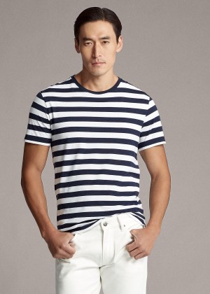 Koszulki Ralph Lauren Striped Lisle T-Shirt Męskie Granatowe Białe | DPGA1114