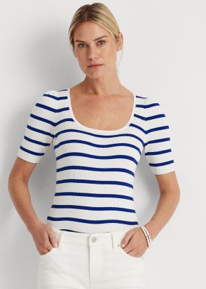 Koszulki Ralph Lauren Striped Puff-Sleeve Top Damskie Białe Królewski Niebieski | DQEJ5487