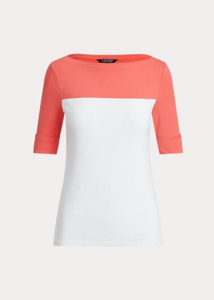 Koszulki Ralph Lauren Two-Tone Boatneck Top Damskie Czerwone Białe | EOCX4982