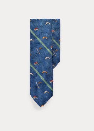 Krawaty Ralph Lauren Fisherman's Club Silk Tie Męskie Głęboka Niebieskie | DXRF6799