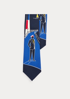 Krawaty Ralph Lauren Lighthouse-Print Silk Tie Męskie Granatowe | DWBR7485