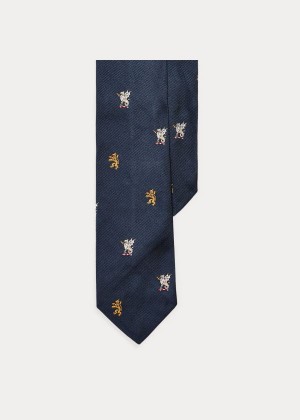 Krawaty Ralph Lauren Lion Silk Tie Męskie Granatowe | OXFC6091