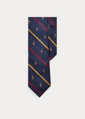 Krawaty Ralph Lauren Polo Player Silk Narrow Tie Męskie Granatowe Czerwone | XQND7963