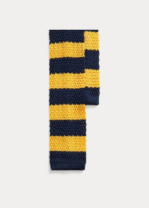 Krawaty Ralph Lauren Striped Knit Silk Tie Męskie Granatowe Złote | RQQZ3905