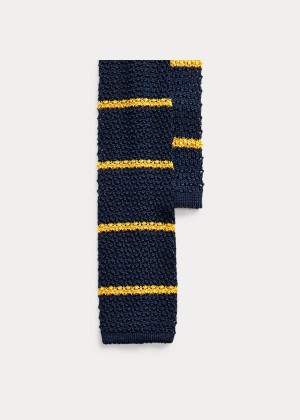 Krawaty Ralph Lauren Striped Knit Silk Tie Męskie Granatowe Złote | WJXA8690