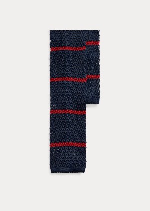 Krawaty Ralph Lauren Striped Knit Silk Tie Męskie Granatowe Czerwone | DPBV5902