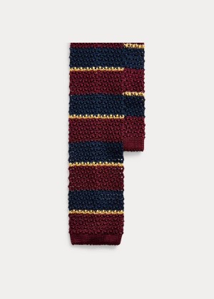 Krawaty Ralph Lauren Striped Knit Silk Tie Męskie Bordowe Granatowe Złote | SDEZ9809