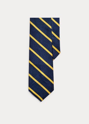 Krawaty Ralph Lauren Striped Silk Repp Narrow Tie Męskie Granatowe Złote | HDIF0829