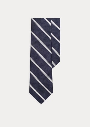 Krawaty Ralph Lauren Striped Silk Repp Narrow Tie Męskie Granatowe Białe | YMVT2713