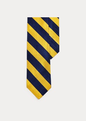 Krawaty Ralph Lauren Striped Silk Repp Narrow Tie Męskie Granatowe Złote | YSBV3964