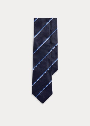 Krawaty Ralph Lauren Striped Silk Repp Tie Męskie Granatowe Niebieskie | DGGY8013