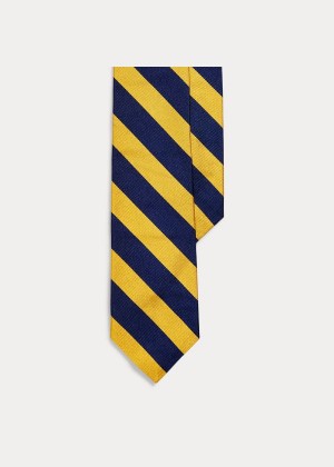 Krawaty Ralph Lauren Striped Silk Twill Narrow Tie Męskie Granatowe Złote | RMDZ2698