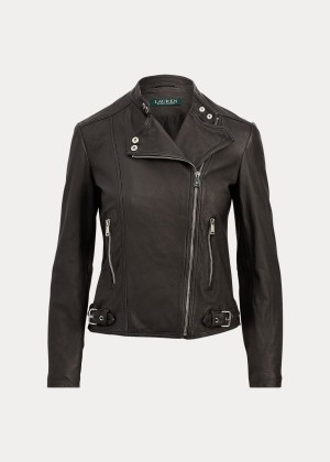 Kurtki Ralph Lauren Burnished Leather Biker Jacket Damskie Czarne | YSTQ0359