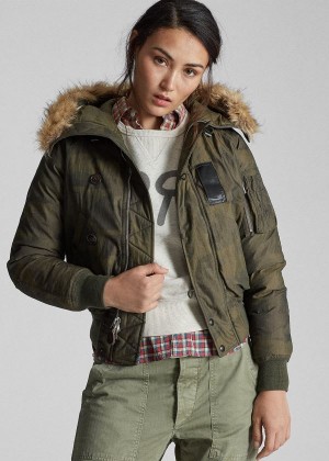 Kurtki Ralph Lauren Faux Fur-Trim Jacket Damskie Camo Zielone | MZKE4351