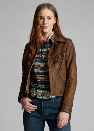 Kurtki Ralph Lauren Fringe Leather Jacket Damskie Brązowe | SMDA7305