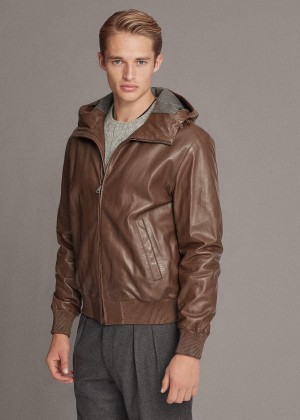 Kurtki Ralph Lauren Hillcrest Leather Hoodie Męskie Brązowe | ZYGB2219