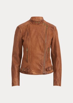 Kurtki Ralph Lauren Leather Moto Jacket Damskie Ciemny Brązowe | SZOR8204