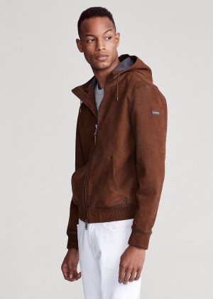 Kurtki Ralph Lauren Nubuck Leather Hoodie Męskie Brązowe | MKZJ7359