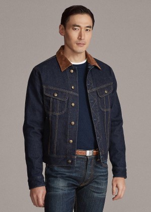 Kurtki Ralph Lauren Slim Suede-Trim Denim Jacket Męskie Ciemny Indygo | LWPJ2363