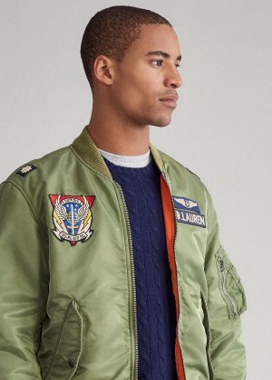 Kurtki Ralph Lauren Twill Bomber Jacket Męskie Oliwkowe Pomarańczowe | PCLN1719