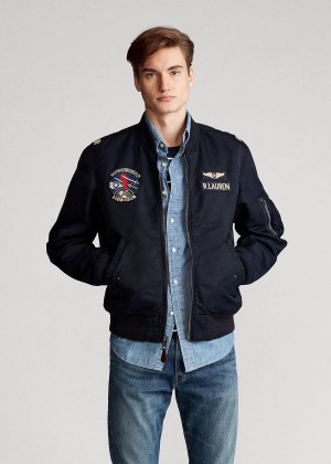 Kurtki Ralph Lauren Twill Bomber Jacket Męskie Granatowe Pomarańczowe | PDYZ6911