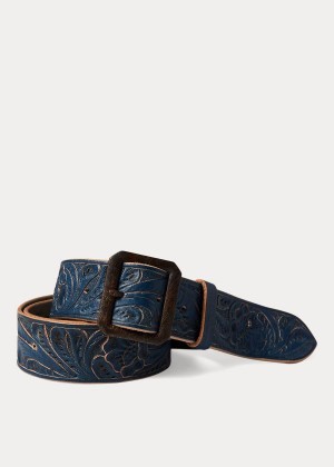 Paski Ralph Lauren Hand-Tooled Leather Belt Męskie Indygo | QLHG5072