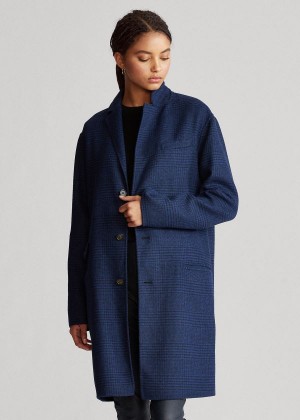 Płaszcze Ralph Lauren Plaid Wool-Blend Coat Damskie Granatowe | DISB0585