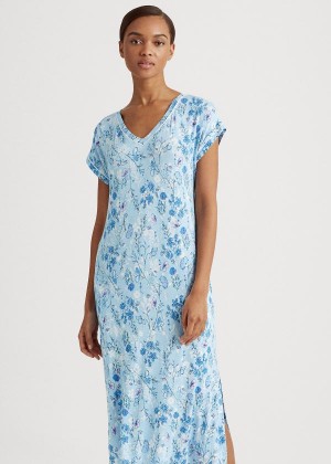 Piżama Ralph Lauren Floral Satin-Trim Nightgown Damskie Niebieskie | KEHF1369