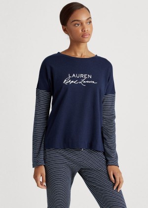 Piżama Ralph Lauren Logo Pajama Top Damskie Granatowe | YZRS5481