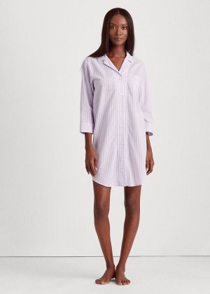 Piżama Ralph Lauren Striped Cotton Sleep Shirt Damskie Fioletowe | YQUI5699