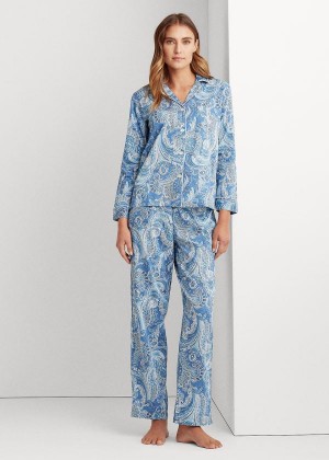 Piżama Ralph Lauren Woven Long-Sleeve Sleep Set Damskie Niebieskie | EUZZ7650