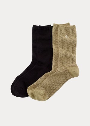 Skarpetki Ralph Lauren Cable-Knit Trouser Sock 2-Pack Damskie Khaki Czarne | OPLA9227